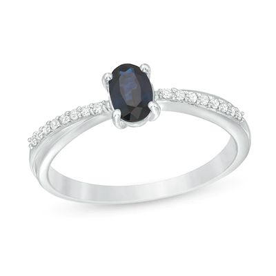 Oval Blue Sapphire and 1/15 CT. T.w. Diamond Criss-Cross Ring in 10K White Gold