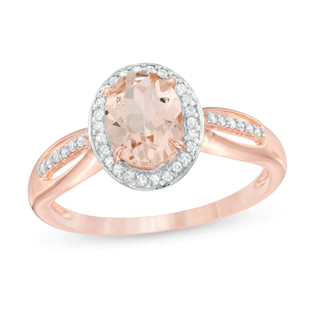 Oval Morganite and 1/8 CT. T.w. Diamond Frame Open Shank Ring in 10K Rose Gold