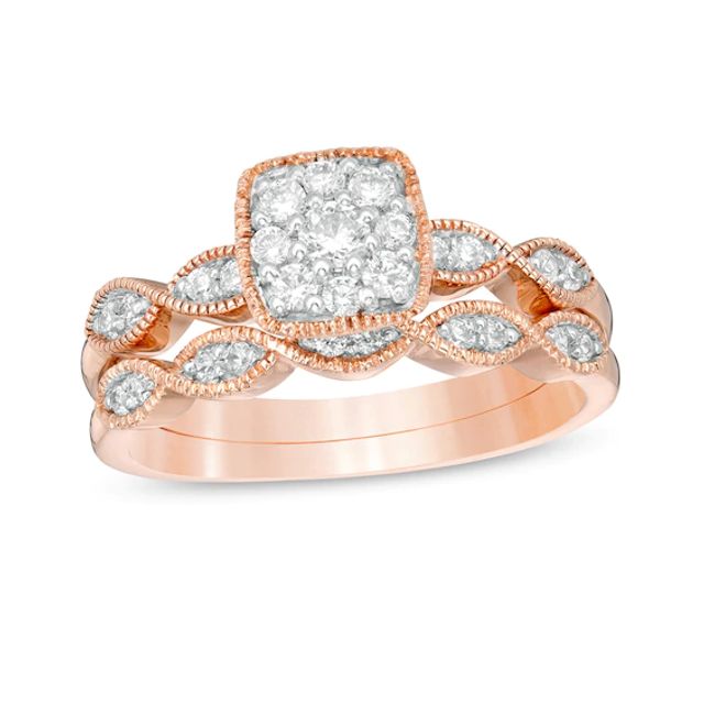 3/8 CT. T.w. Diamond Cushion Frame Marquise Twist Vintage-Style Bridal Set in 10K Rose Gold