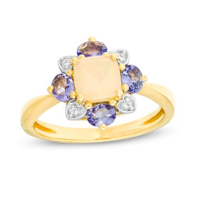 Cushion-Cut Opal, Oval Tanzanite and Diamond Accent Floral Frame Ring in 10K Gold