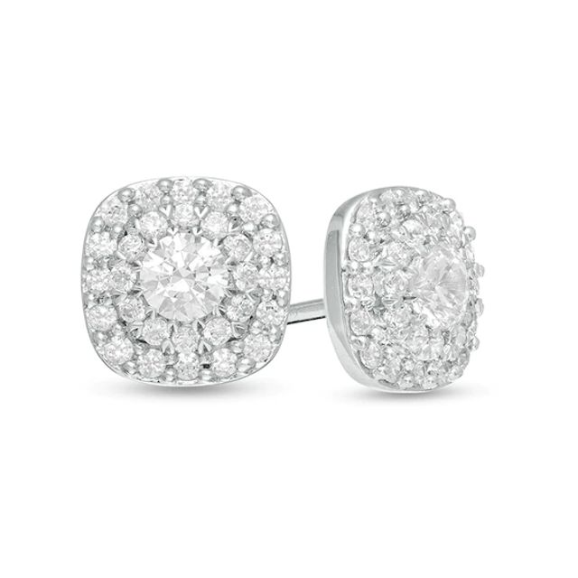 1/2 CT. T.w. Diamond Cushion and Round Double Frame Stud Earrings in 10K White Gold