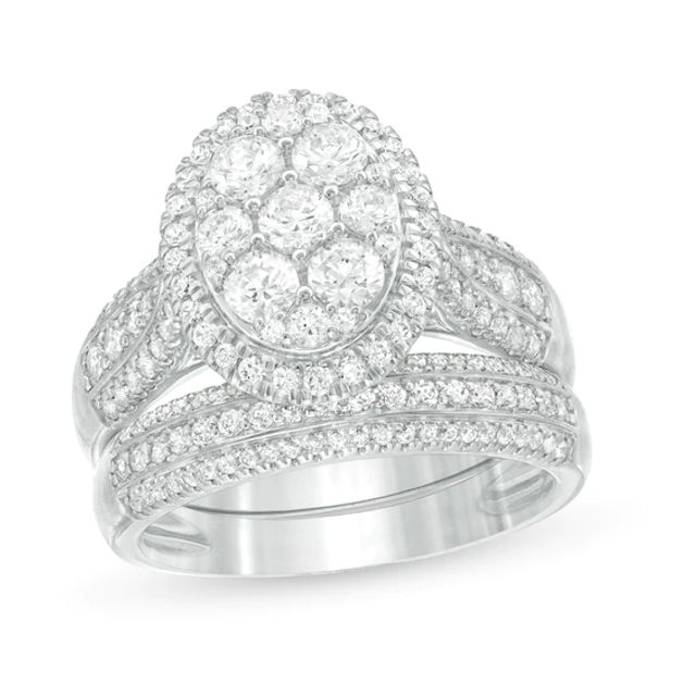 1-1/2 CT. T.w. Composite Diamond Oval Frame Multi-Row Bridal Set in 10K White Gold