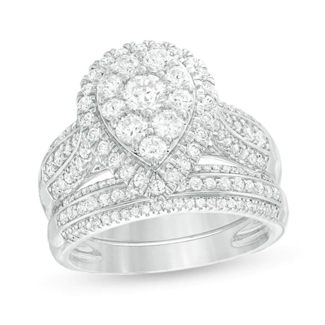 1-1/2 CT. T.w. Multi-Diamond Pear-Shaped Frame Multi-Row Bridal Set in 10K White Gold