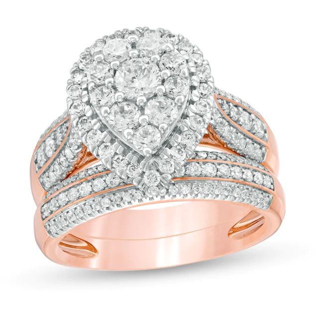 1-1/2 CT. T.w. Pear-Shaped Multi-Diamond Frame Multi-Row Bridal Set in 10K Rose Gold