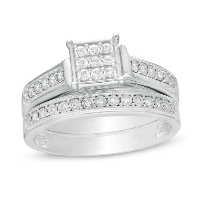 1/5 CT. T.w. Composite Diamond Square Frame Vintage-Style Bridal Set in Sterling Silver