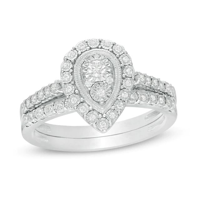 1/5 CT. T.w. Pear-Shaped Multi-Diamond Frame Vintage-Style Bridal Set in Sterling Silver