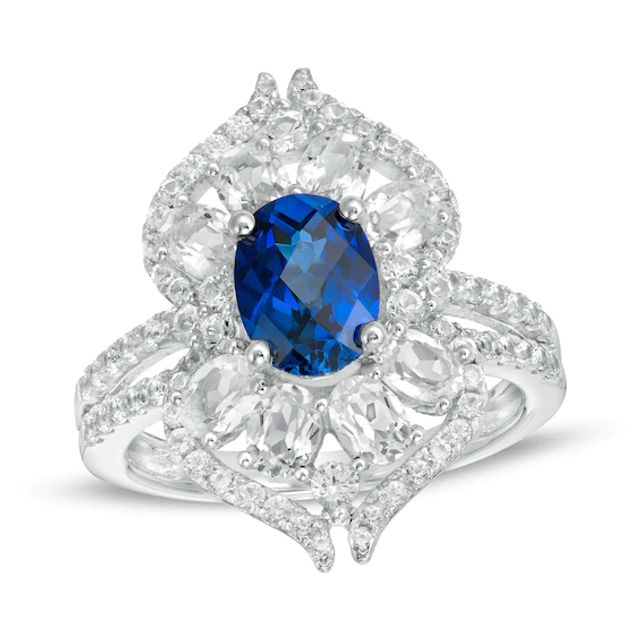 Oval Lab-Created Blue and White Sapphire Ornate Split-Shank Ring in Sterling Silver