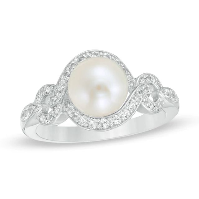 7.5-8.0mm Freshwater Cultured Pearl and Lab-Created White Sapphire Cascading Frame Ring in Sterling Silver