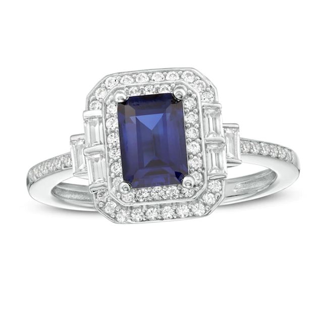 Emerald-Cut Blue Sapphire and 1/3 CT. T.w. Diamond Frame Ring in 10K White Gold