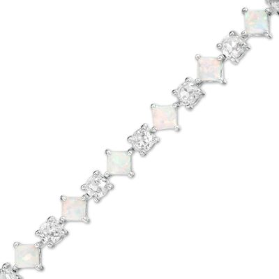 Alternating Princess-Cut Lab-Created Opal and White Sapphire Line Bracelet in Sterling Silver - 7.25"