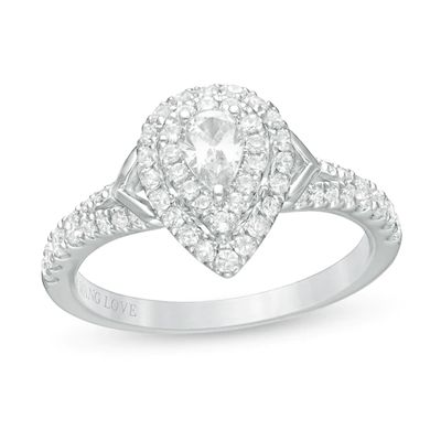 Vera Wang Love Collection 3/4 CT. T.w. Pear-Shaped Diamond Double Frame Split Shank Engagement Ring in 14K White Gold