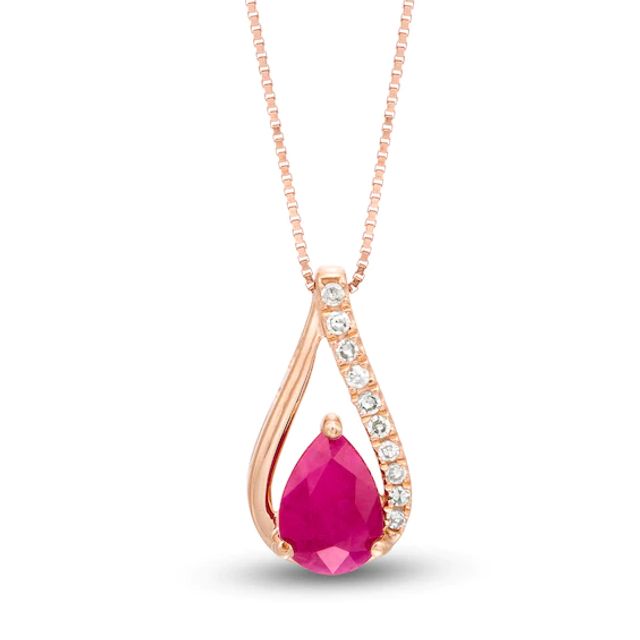Pear-Shaped Ruby and 1/20 CT. T.w. Diamond Teardrop Pendant in 10K Rose Gold
