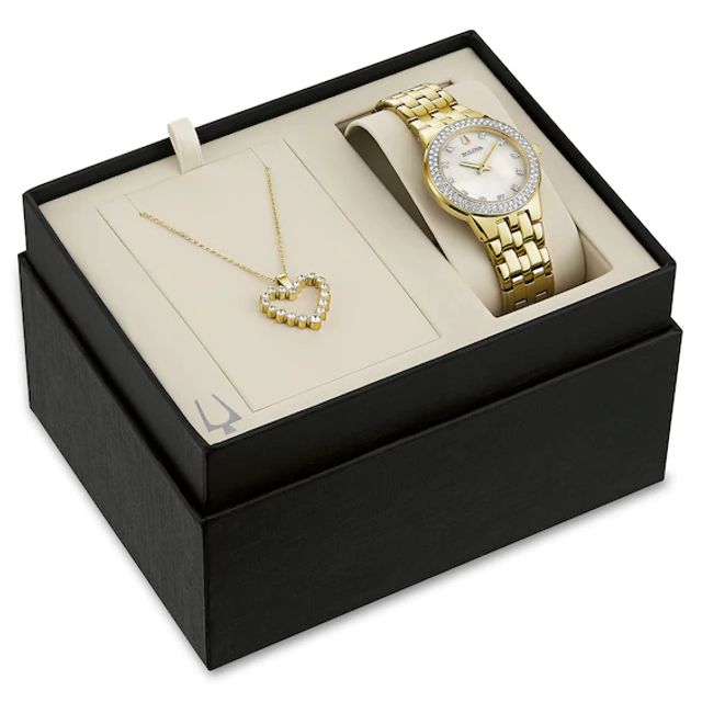 Ladies' Exclusive Bulova Crystal Gold-Tone Watch with Mother-of Pearl Dial and Heart Pendant Box Set (Model: 98X124)
