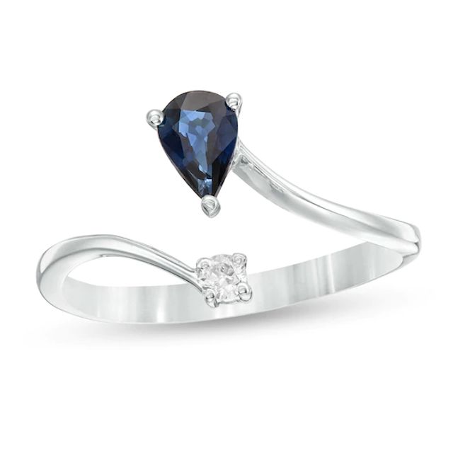 Pear-Shaped Blue Sapphire and 1/20 CT. T.w. Diamond Open Shank Ring in 10K White Gold - Size 7