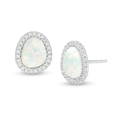 Pear-Shaped Lab-Created Opal and White Sapphire Abstract Frame Stud Earrings in Sterling Silver