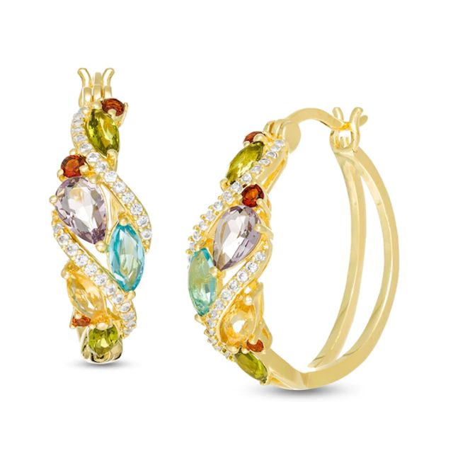 Multi-Gemstone and Lab-Created White Sapphire Cascading Cluster Hoop Earrings in Sterling Silver with 18K Gold Plate