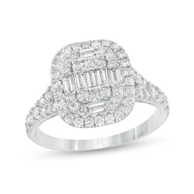 1 CT. T.w. Baguette and Round Diamond Cushion Frame Ring in 10K White Gold