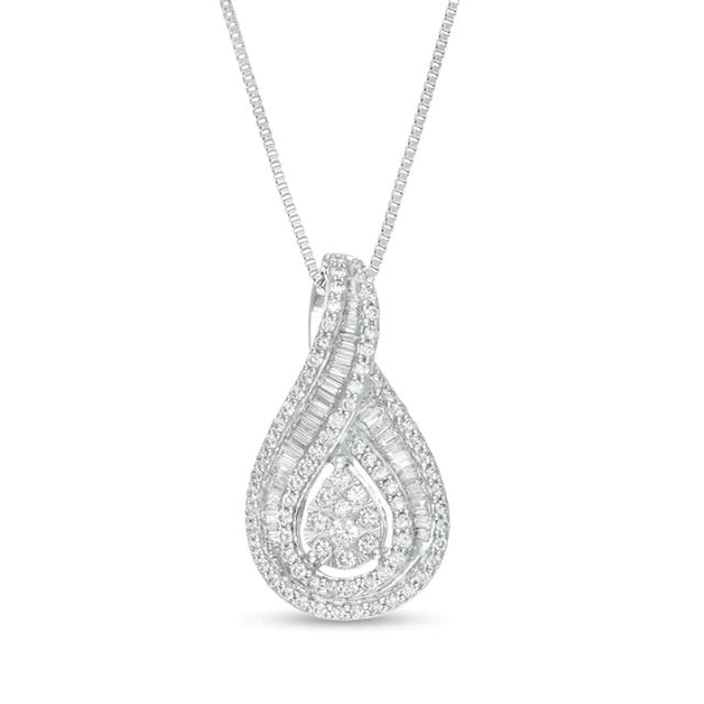 3/4 CT. T.w. Baguette and Round Diamond Teardrop Frame Pendant in 10K White Gold