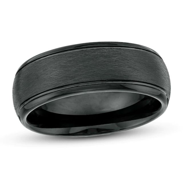 Men's 8.0mm Satin-Finished Inlay Dome Wedding Band in Tungsten with Black IP
