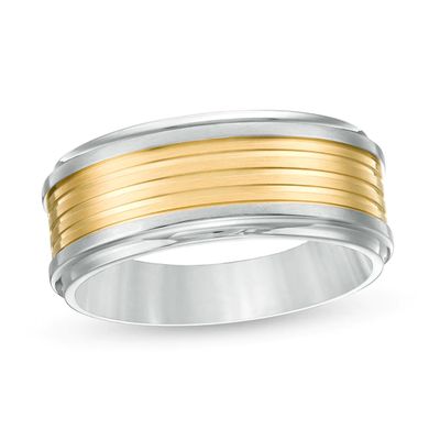 Men's 9.0mm Grooved Wedding Band in Stainless Steel with Yellow IP - Size 10