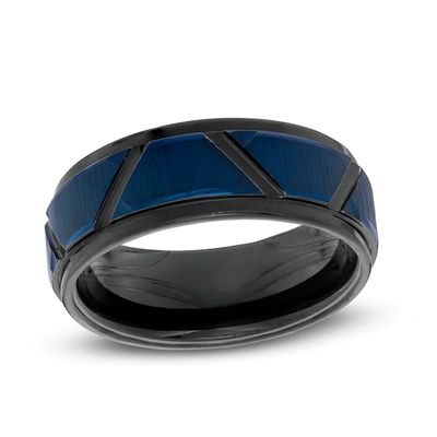 Men's 8.0mm Geometric Pattern Wedding Band in Black and Blue IP Tantalum - Size 10