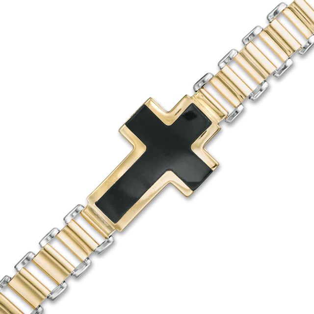 Made in Italy Lab-Created Onyx Sideways Cross Link Bracelet in 10K Gold - 8.5"