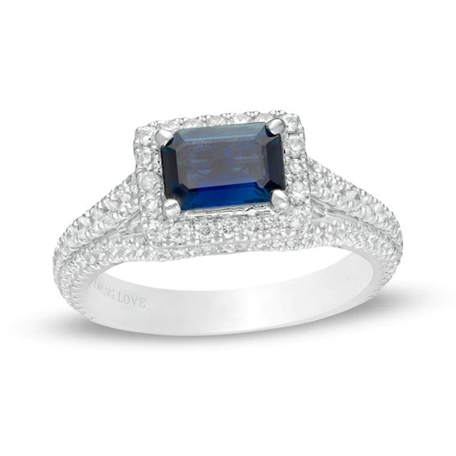 Vera Wang Love Collection Certified Octagonal Blue Sapphire and 3/4 CT. T.w. Diamond Engagement Ring in 14K White Gold