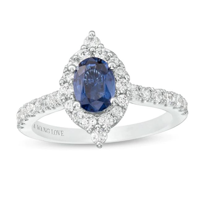 Vera Wang Love Collection Certified Oval Blue Sapphire and 5/8 CT. T.w. Diamond Frame Engagement Ring in 14K White Gold