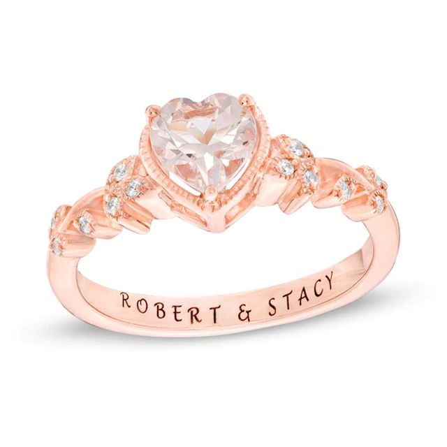 6.0mm Heart-Shaped Morganite and 1/20 CT. T.w. Diamond Leaf-Sides Vintage-Style Promise Ring in 10K Rose Gold (1 Line)