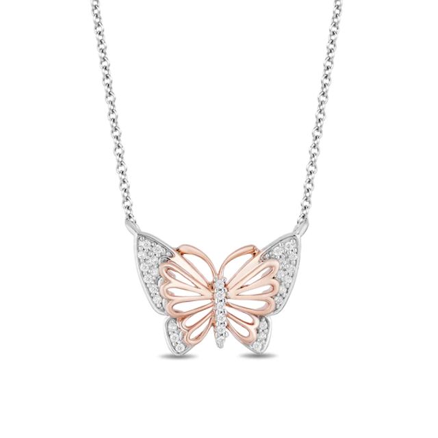 Enchanted Disney Mulan 1/10 CT. T.w. Diamond Butterfly Necklace in Sterling Silver and 10K Rose Gold