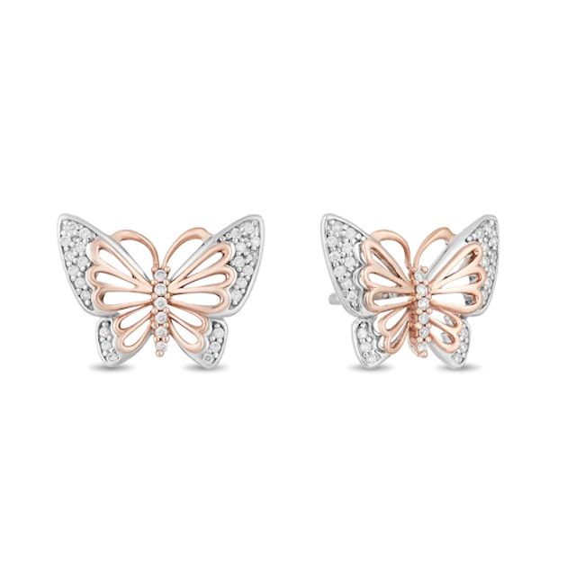 Enchanted Disney Mulan 1/10 CT. T.w. Diamond Butterfly Stud Earrings in Sterling Silver and 10K Rose Gold