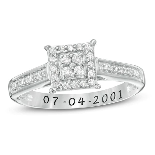 1/5 CT. T.w. Quad Diamond Square Frame Engravable Promise Ring in Sterling Silver (1 Line)