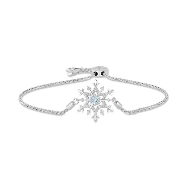 Enchanted Disney Elsa 4.0mm Aquamarine and 1/6 CT. T.w. Diamond Snowflake Bolo Bracelet in Sterling Silver - 9.0"