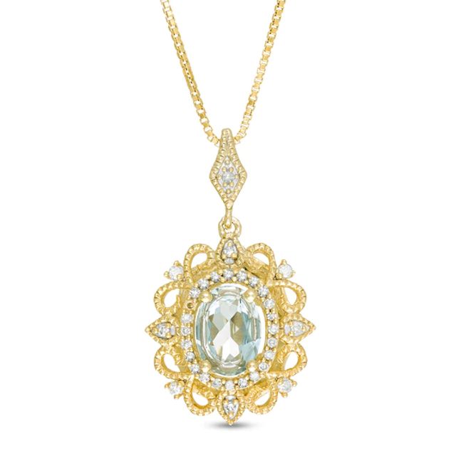Oval Aquamarine and 1/15 CT. T.w. Diamond Vintage-Style Pendant in 10K Gold