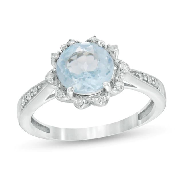 8.0mm Sky Blue Topaz and 1/15 CT. T.w. Diamond Petal Frame Ring in Sterling Silver