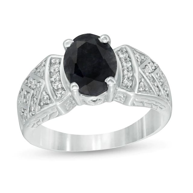 Oval Black Sapphire and Lab-Created White Sapphire Celtic Pattern Ring in Sterling Silver