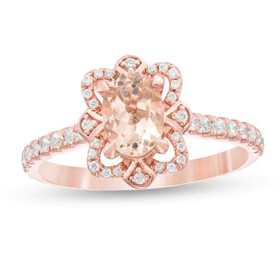 Oval Morganite and 1/4 CT. T.w. Diamond Butterfly Frame Ring in 10K Rose Gold