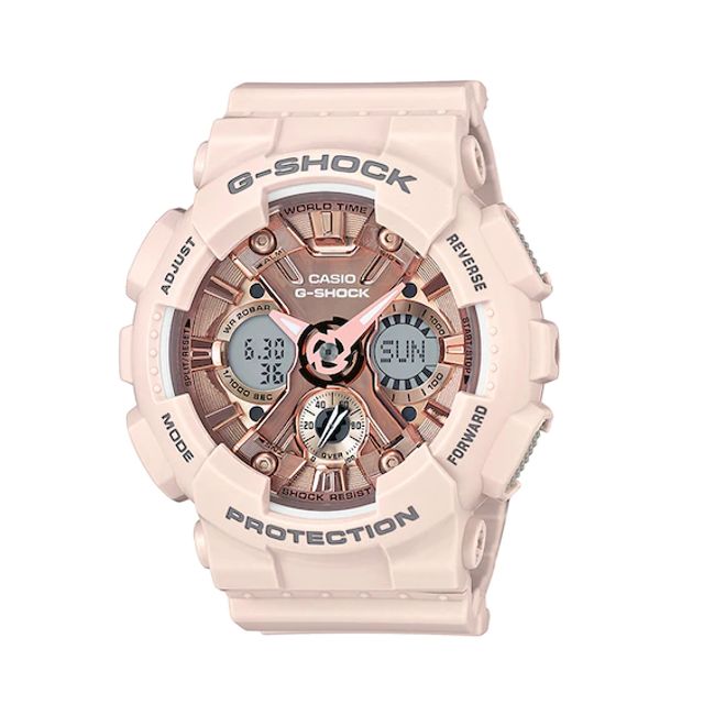 Ladies' Casio G-Shock Pink Resin Strap Watch with Rose-Tone Dial (Model: Gmas120Mf-4A)