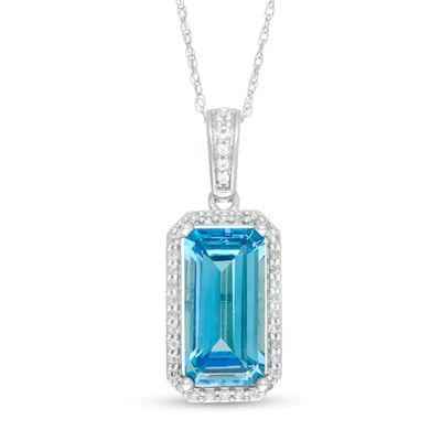 Elongated Octagonal Swiss Blue and White Topaz Frame Pendant in Sterling Silver