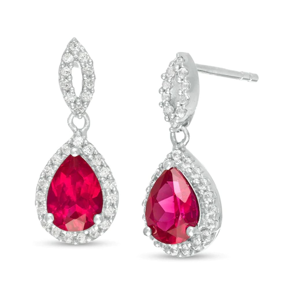 Pear-Shaped Lab-Created Ruby and White Sapphire Frame Teardrop Earrings in Sterling Silver