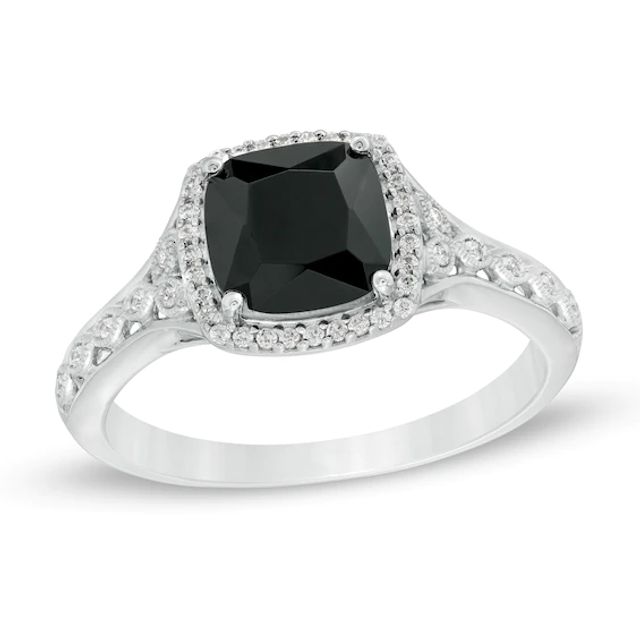 7.0mm Cushion-Cut Black Sapphire and 1/10 CT. T.w. Diamond Frame Vintage-Style Ring in 10K White Gold