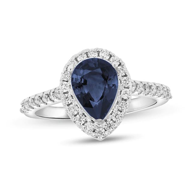 Pear-Shaped Blue Sapphire and 3/8 CT. T.w. Diamond Frame Ring in 14K White Gold
