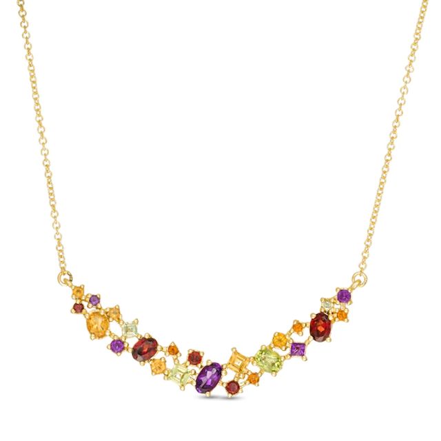 Multi-Gemstone Scatter Curved Bar Necklace in Sterling Silver with 14K Gold Plate - 15.5"