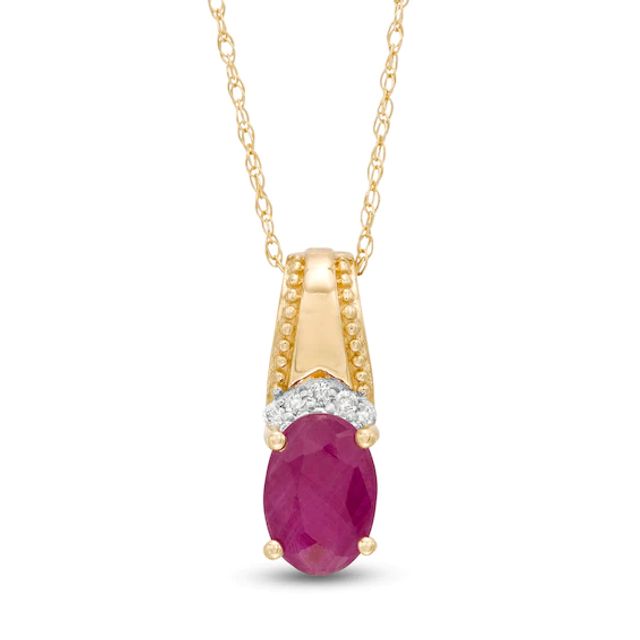 Oval Ruby and Diamond Accent Beaded Drop Pendant in 10K Gold