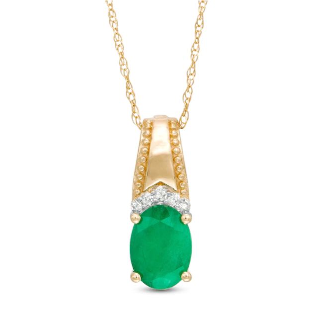 Oval Emerald and Diamond Accent Beaded Drop Pendant in 10K Gold