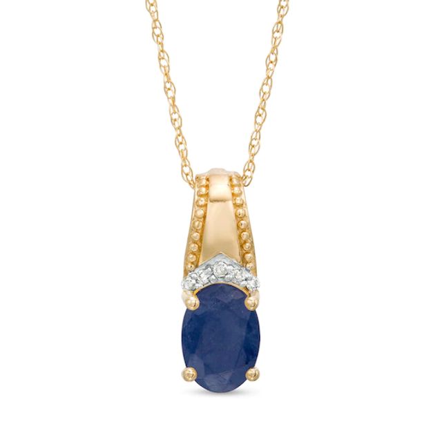 Oval Blue Sapphire and Diamond Accent Beaded Drop Pendant in 10K Gold