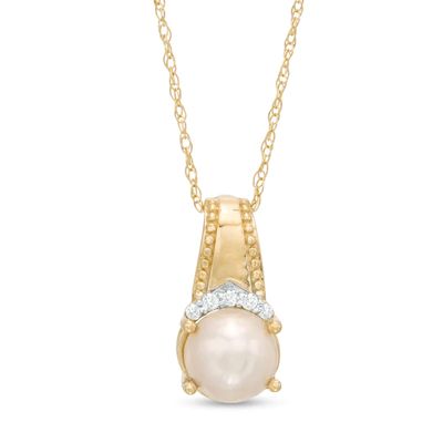 6.0mm Cultured Freshwater Pearl and Diamond Accent Beaded Drop Pendant in 10K Gold