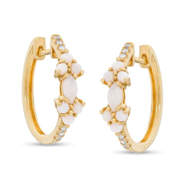 Marquise and Round Opal and 1/20 CT. T.w. Diamond Hoop Earrings in 14K Gold