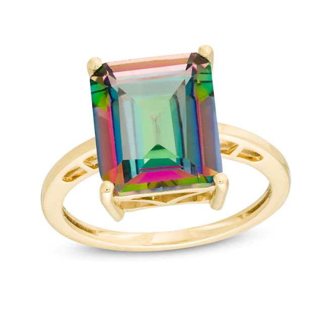 Emerald-Cut Mystic FireÂ® Topaz Solitaire Ring in 10K Gold