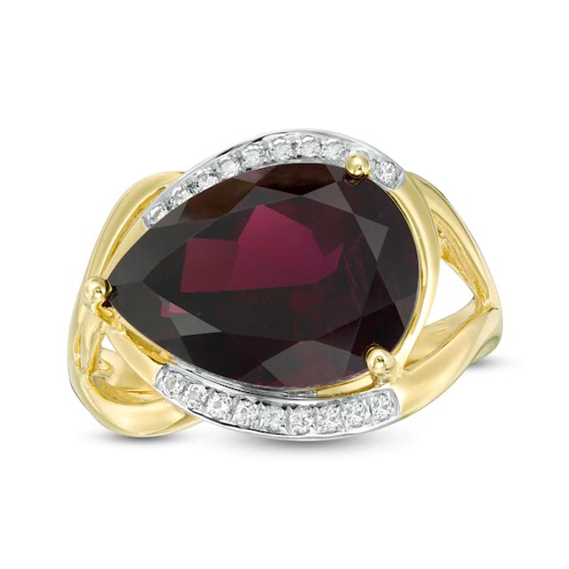 Sideways Pear-Shaped Garnet and White Topaz Split Shank Ring in 10K Gold